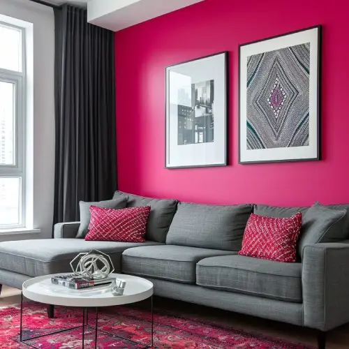 dinding ruang keluarga warna pink magenta