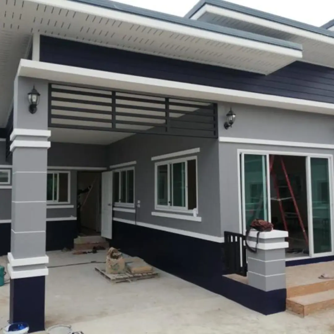 perpaduan warna cat teras depan abu-abu dan hitam
