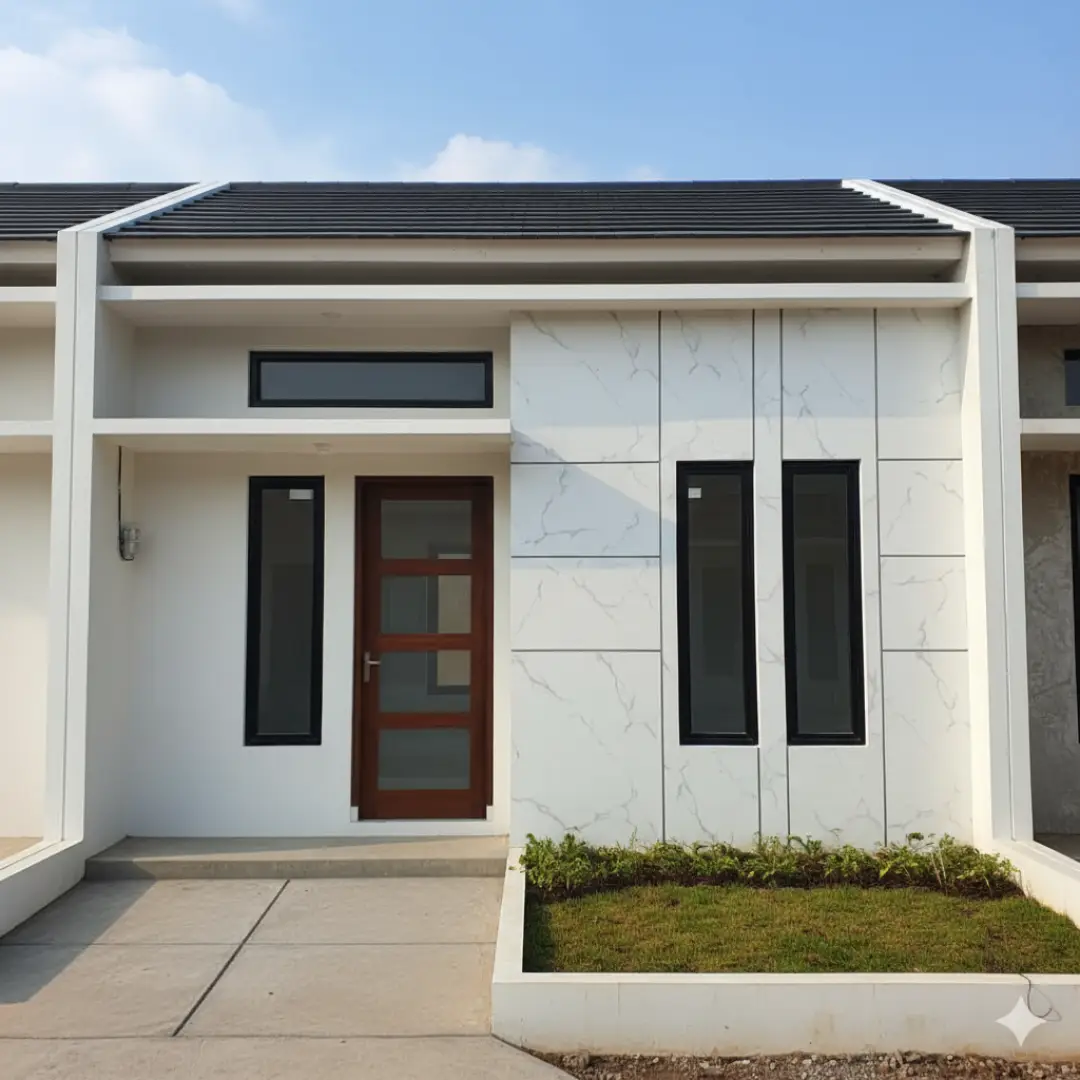 fasad rumah subsidi dengan wall panel marmer putih
