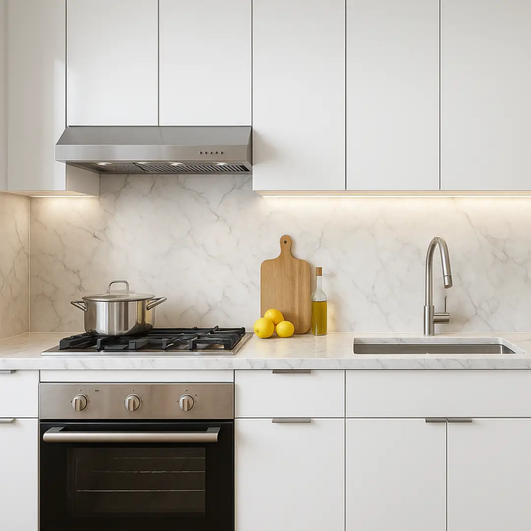 interior dapur dengan wall panel marmer