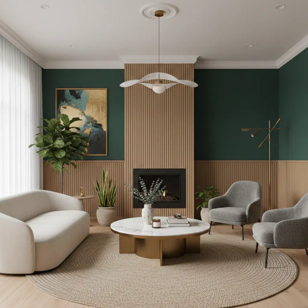 interior ruang tamu dengan cat hijau elegan dan fluted wall panel mevvah