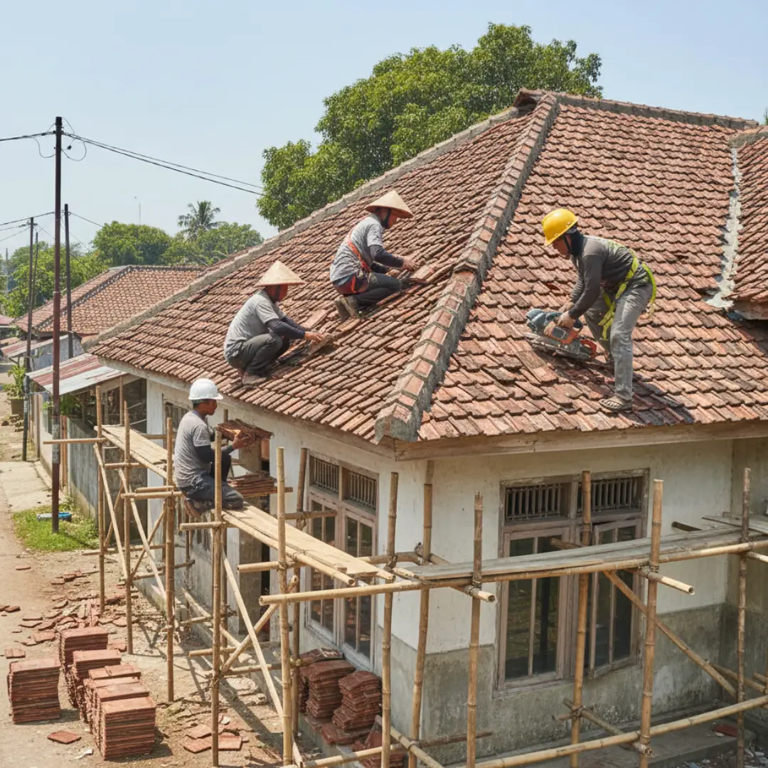 tukang sedang renovasi atap rumah