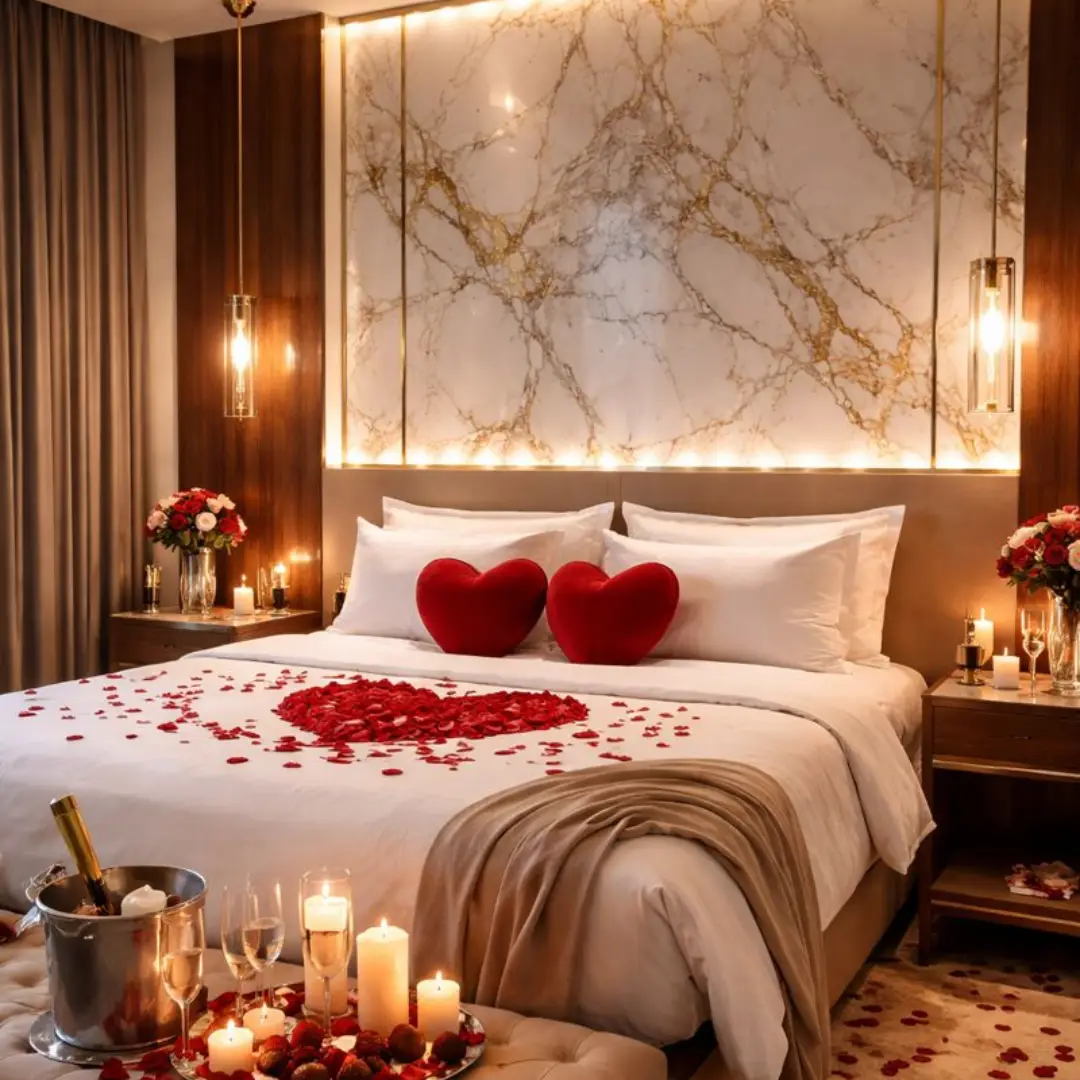 kamar hotel romantis dengan dinding wall panel marmer