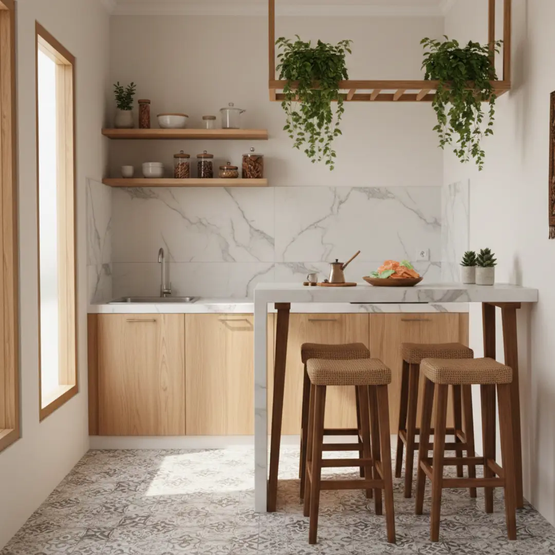 Desain Kitchen Set Mini Bar Dapur Kecil Menggunakan Wall Panel Marmer