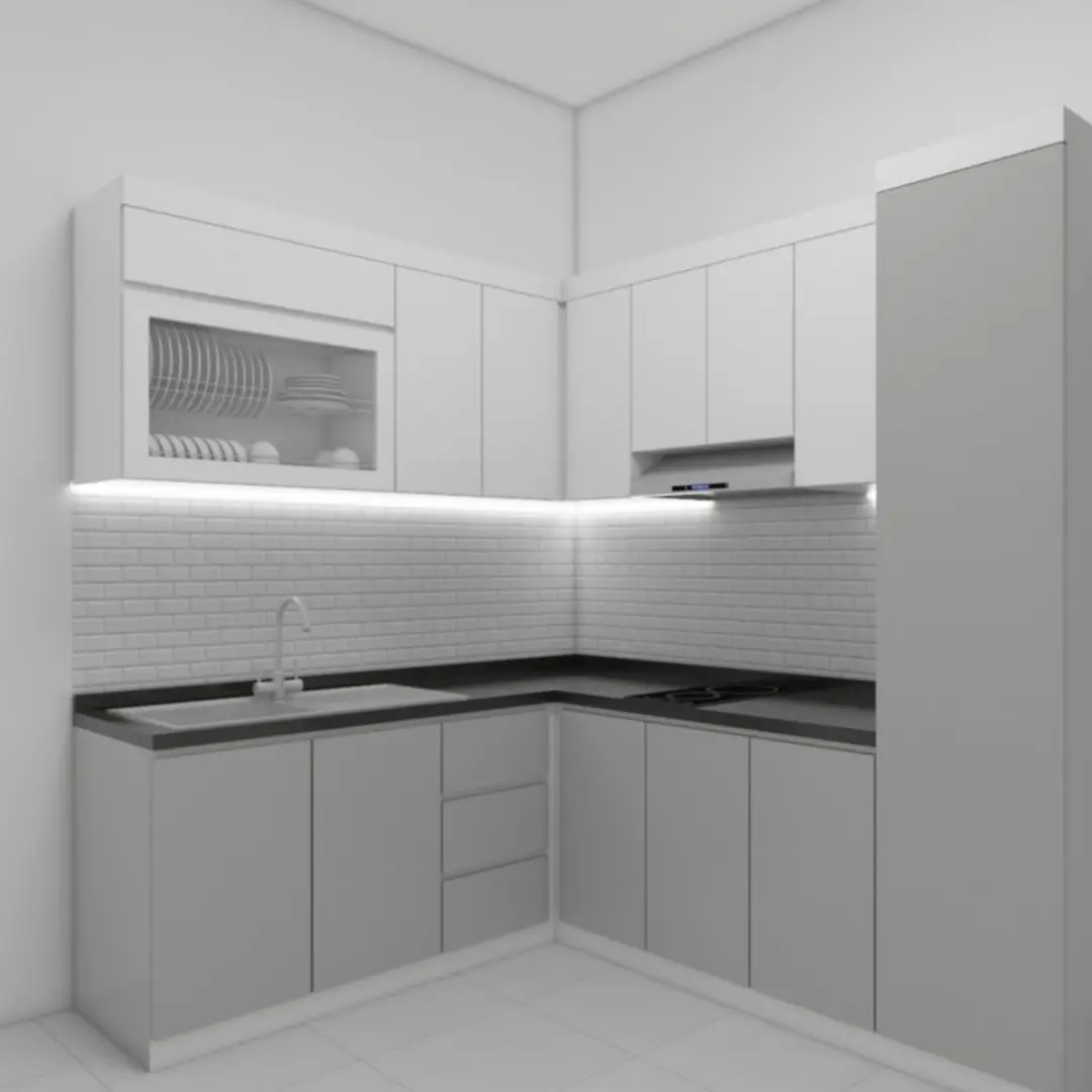 Model Kitchen Set Letter L Kombinasi Putih Abu-abu