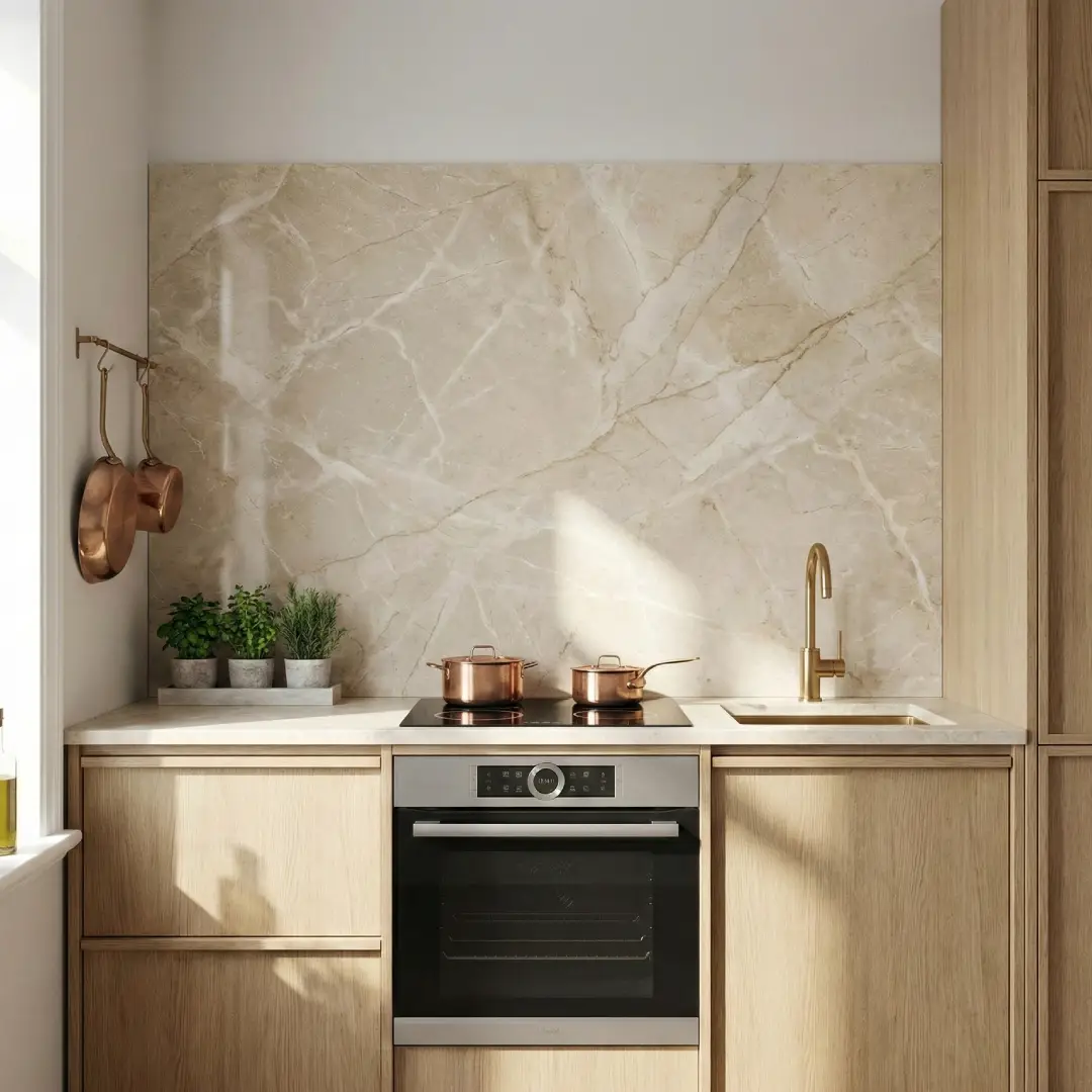 Warna Kitchen Set Beige dengan Wall Panel Marmer