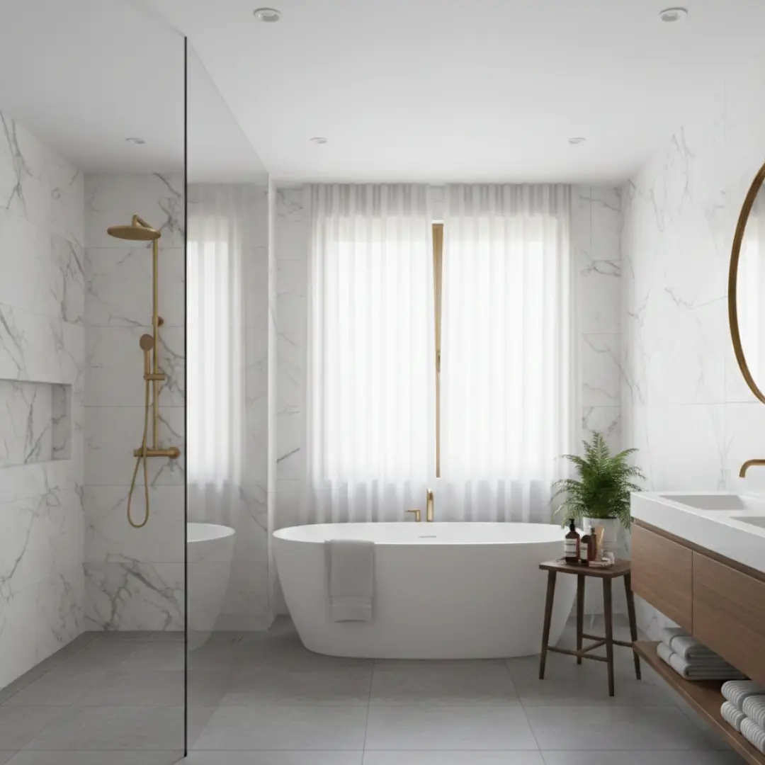 interior kamar mandi dengan wall panel marmer