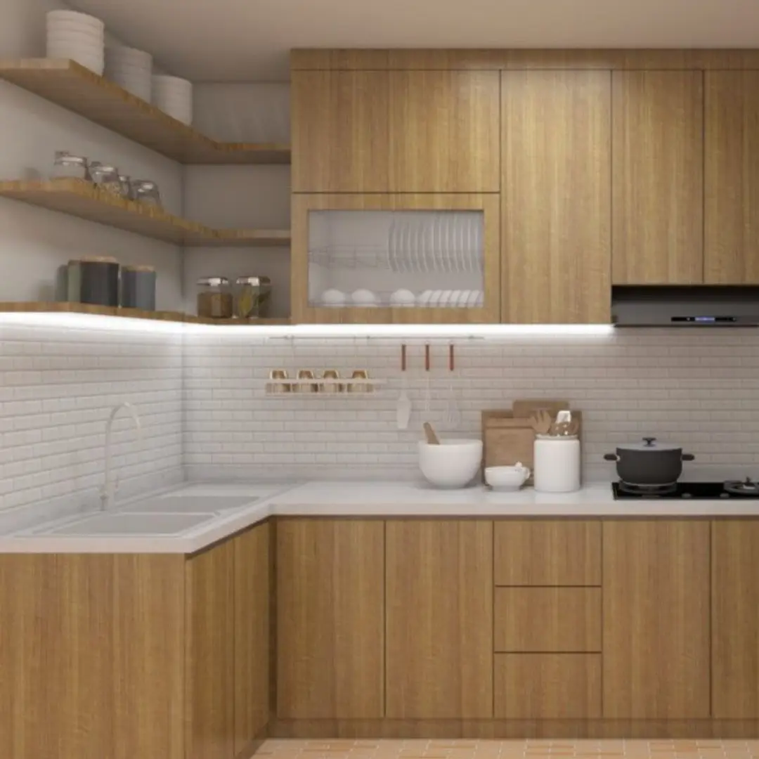 Meja Dapur Bentuk L Putih Kayu Minimalis