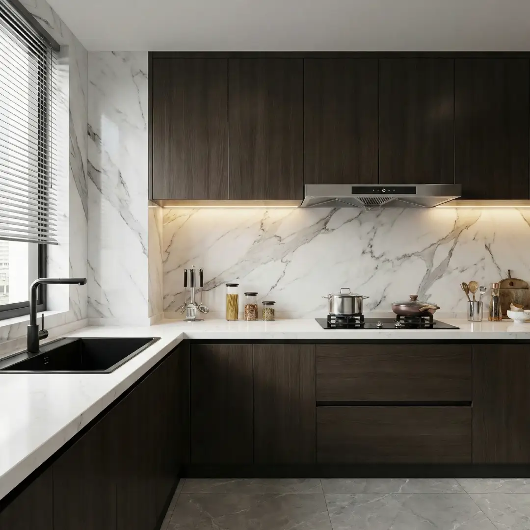 Meja Dapur Bentuk L dengan Wall Panel Marmer Mevvah