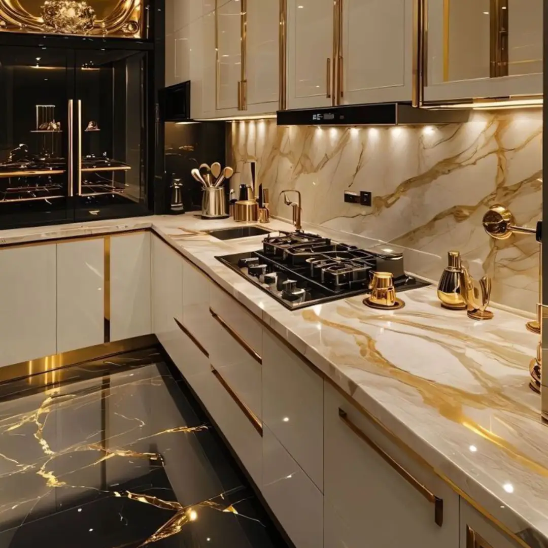 Meja Dapur L Putih dengan Table Top Marmer Glamor