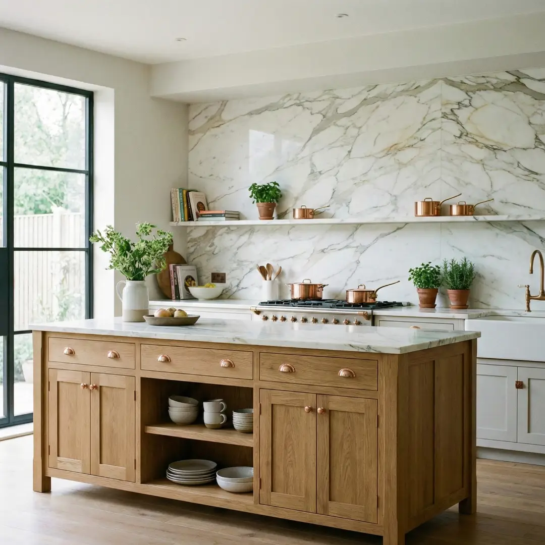 meja dapur dengan wall panel motif marmer dari mevvah