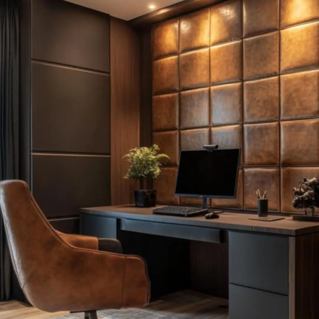 Leather Wall Panel Coklat Tua Maskulin untuk Ruang Kerja