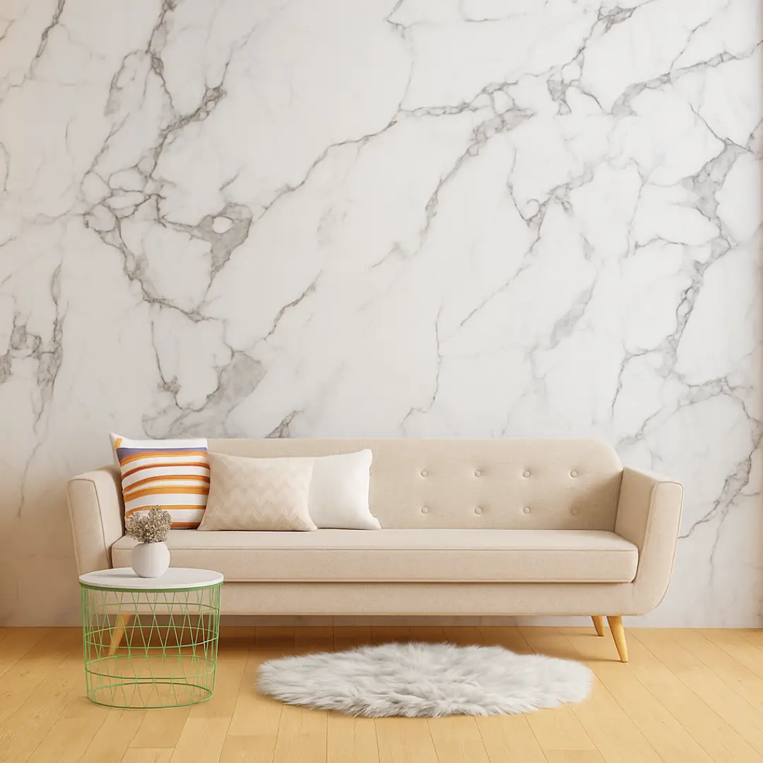 interior rumah dengan wall panel motif marmer putih