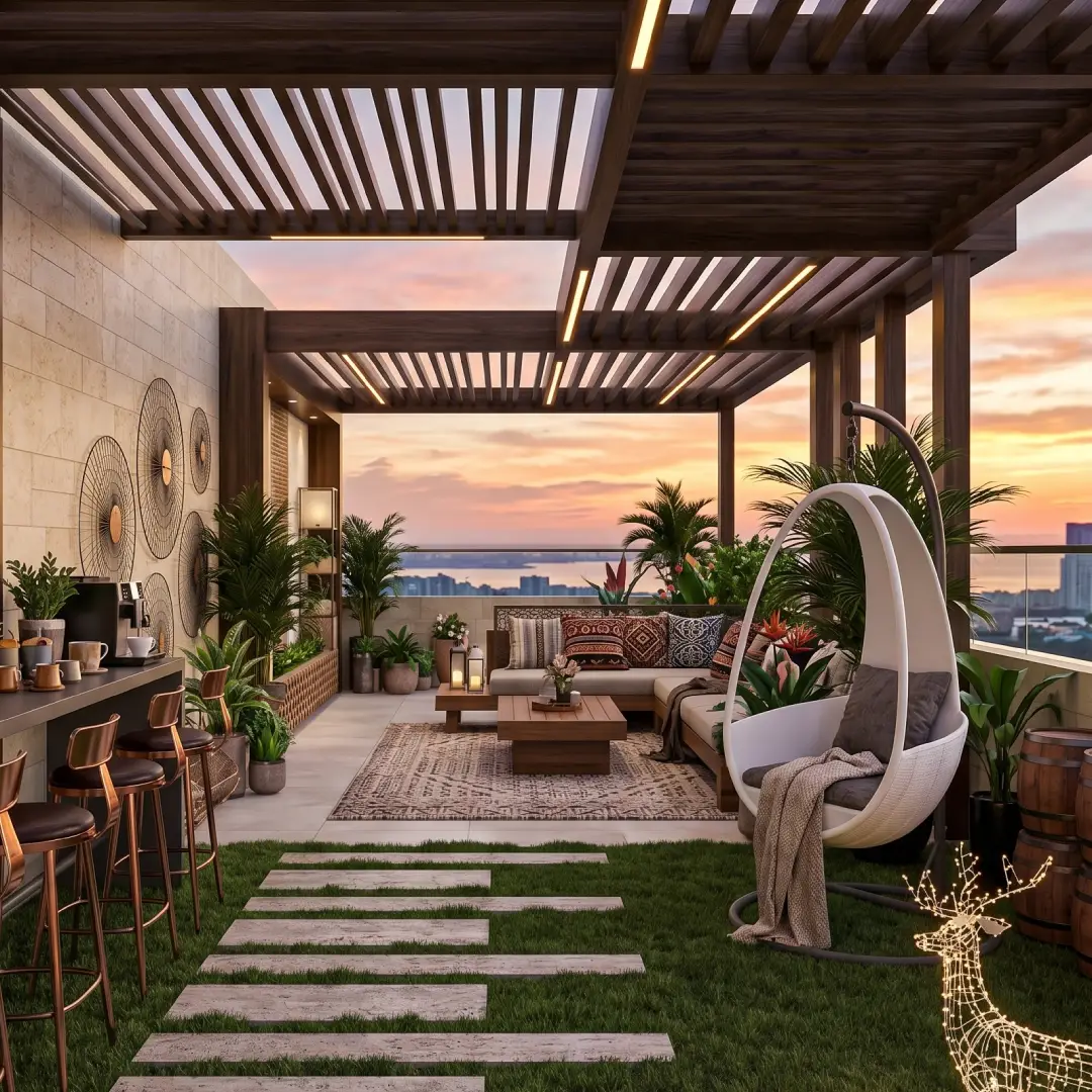 Desain Rooftop Keren dengan Pergola Besar dan Ayunan