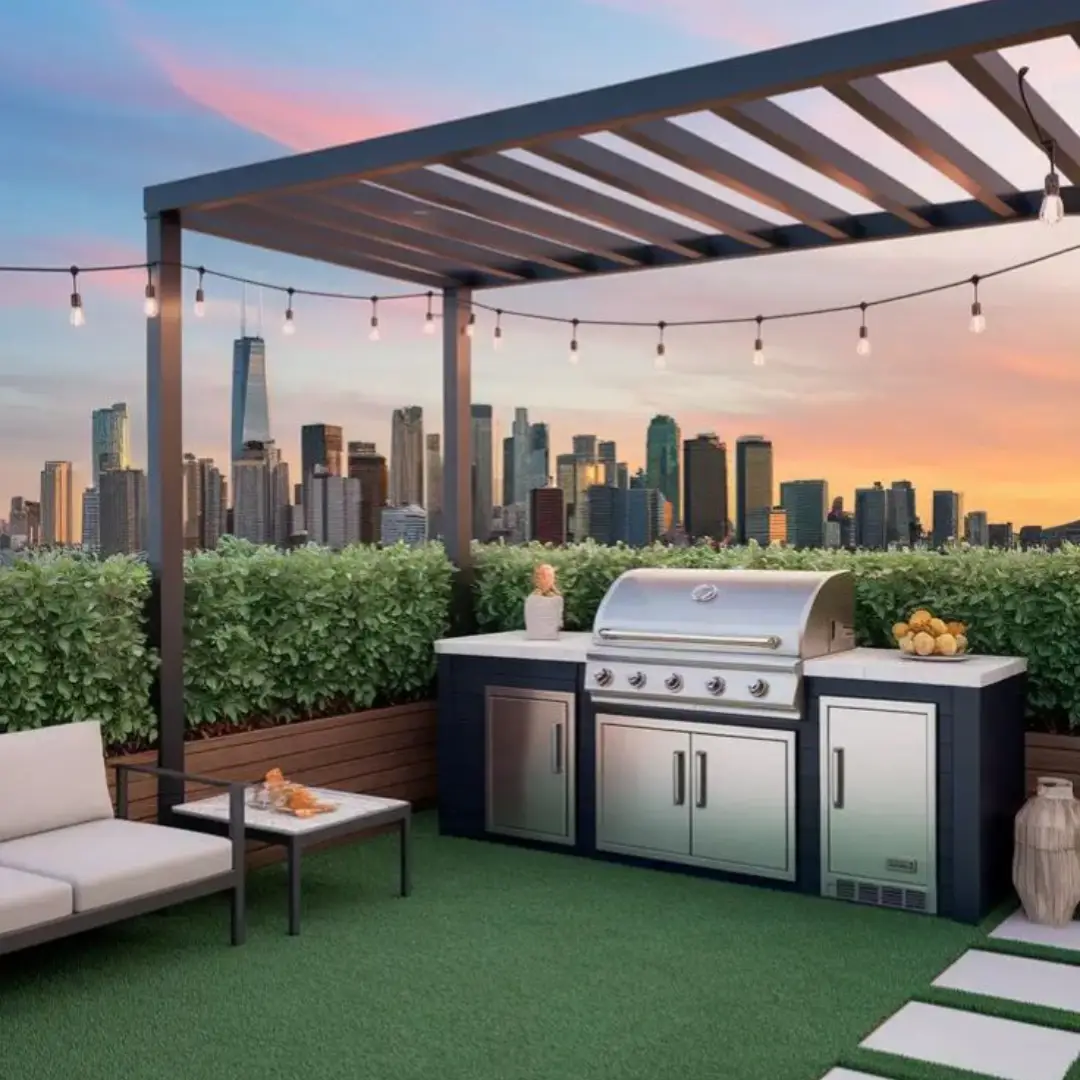 Model Rooftop Taman Keliling dan Set Pemanggang BBQ