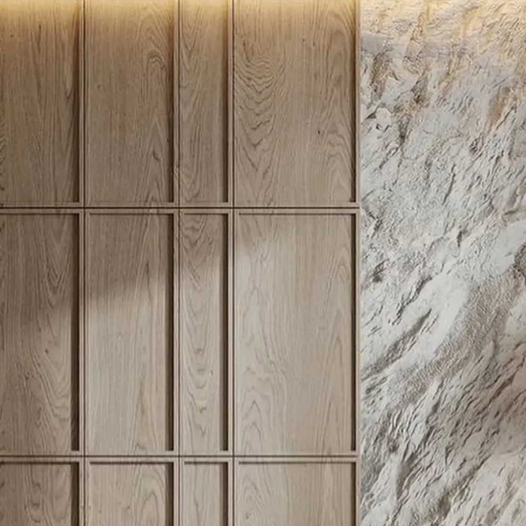 Perpaduan Motif Wall Panel Kayu dan Marmer Abu-abu