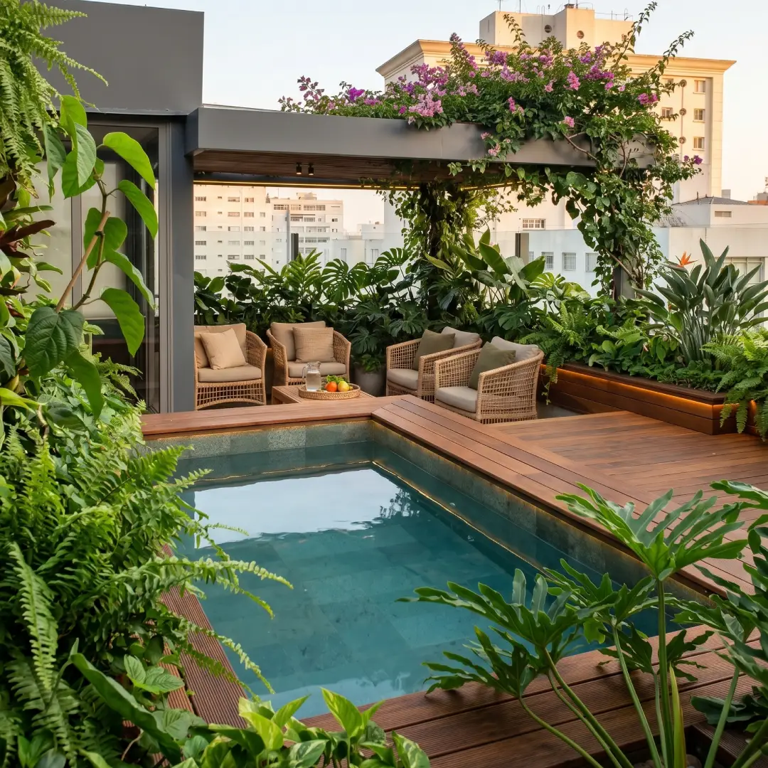 Rooftop Alami dengan Lantai Kayu dan Kolam Renang