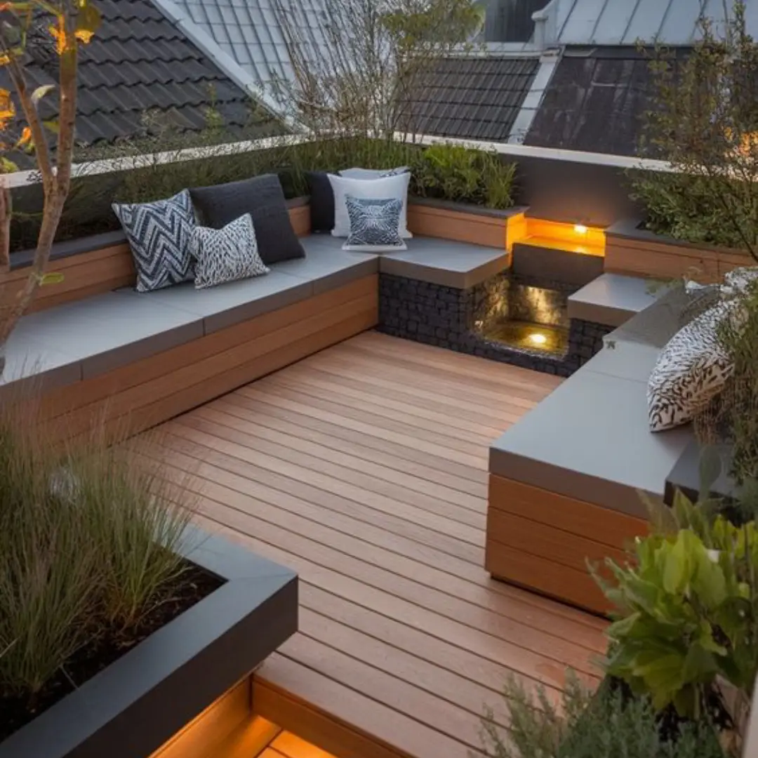 Rooftop Lantai Kayu dan Kursi Keliling Simple