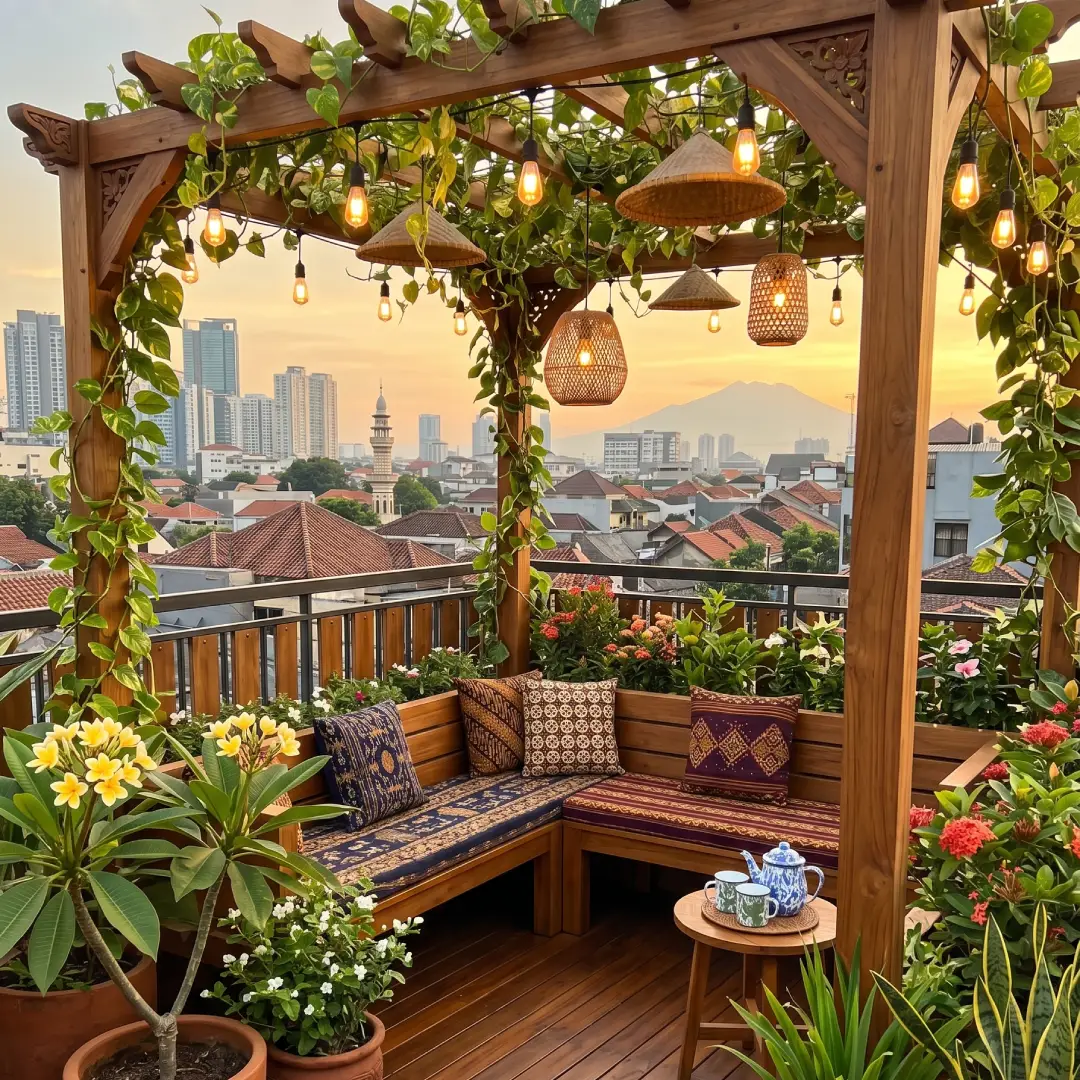 Rooftop Mungil dengan Pergola Berlampu Estetik