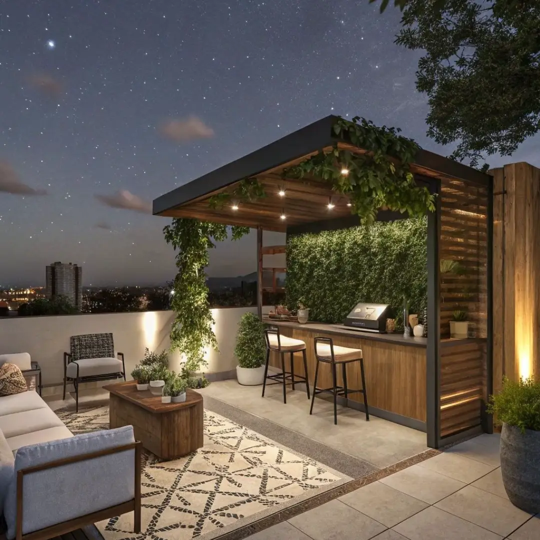 Rooftop dengan Mini Bar dan Sofa Minimalis