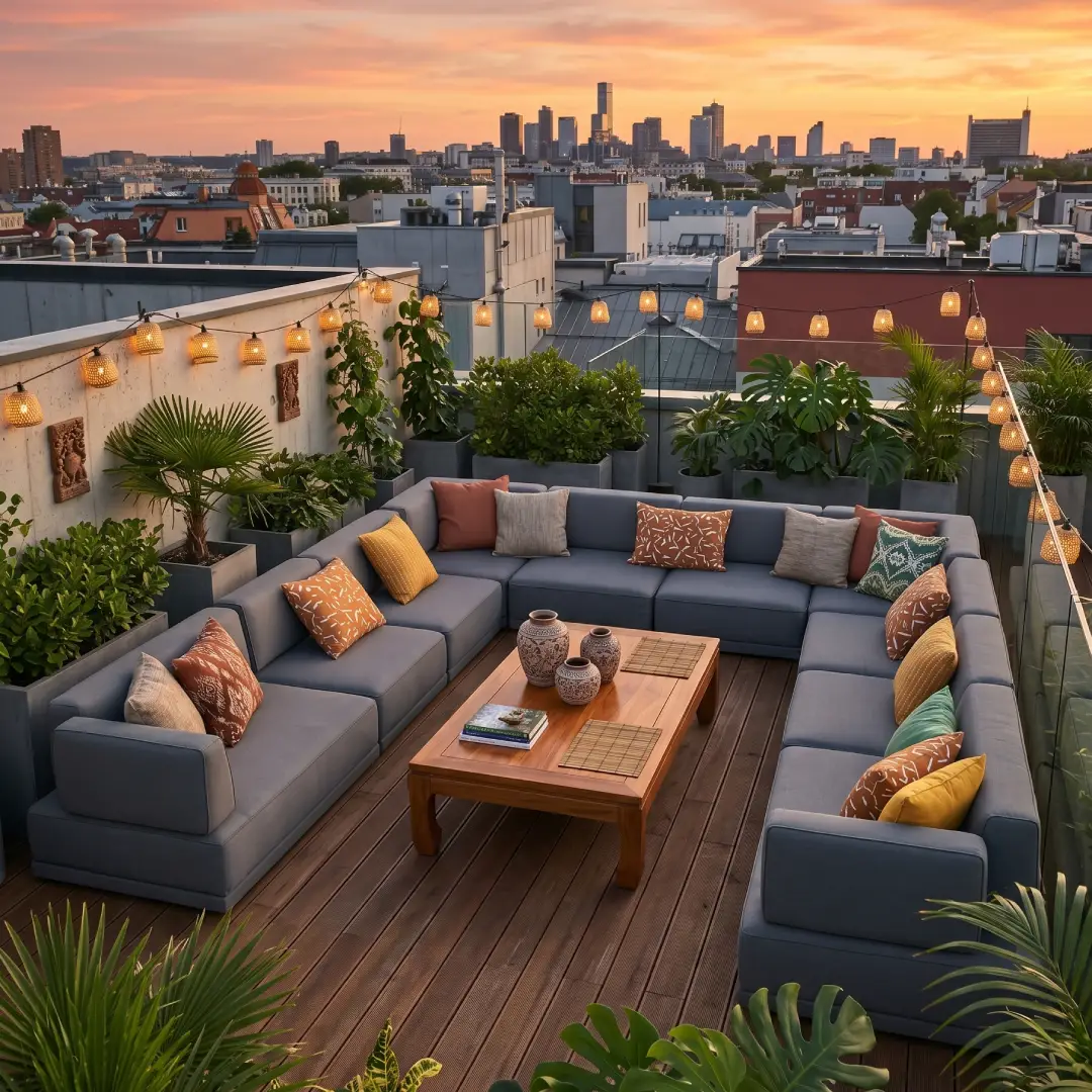 Rooftop dengan Sofa Leter U dan Nuansa Natural