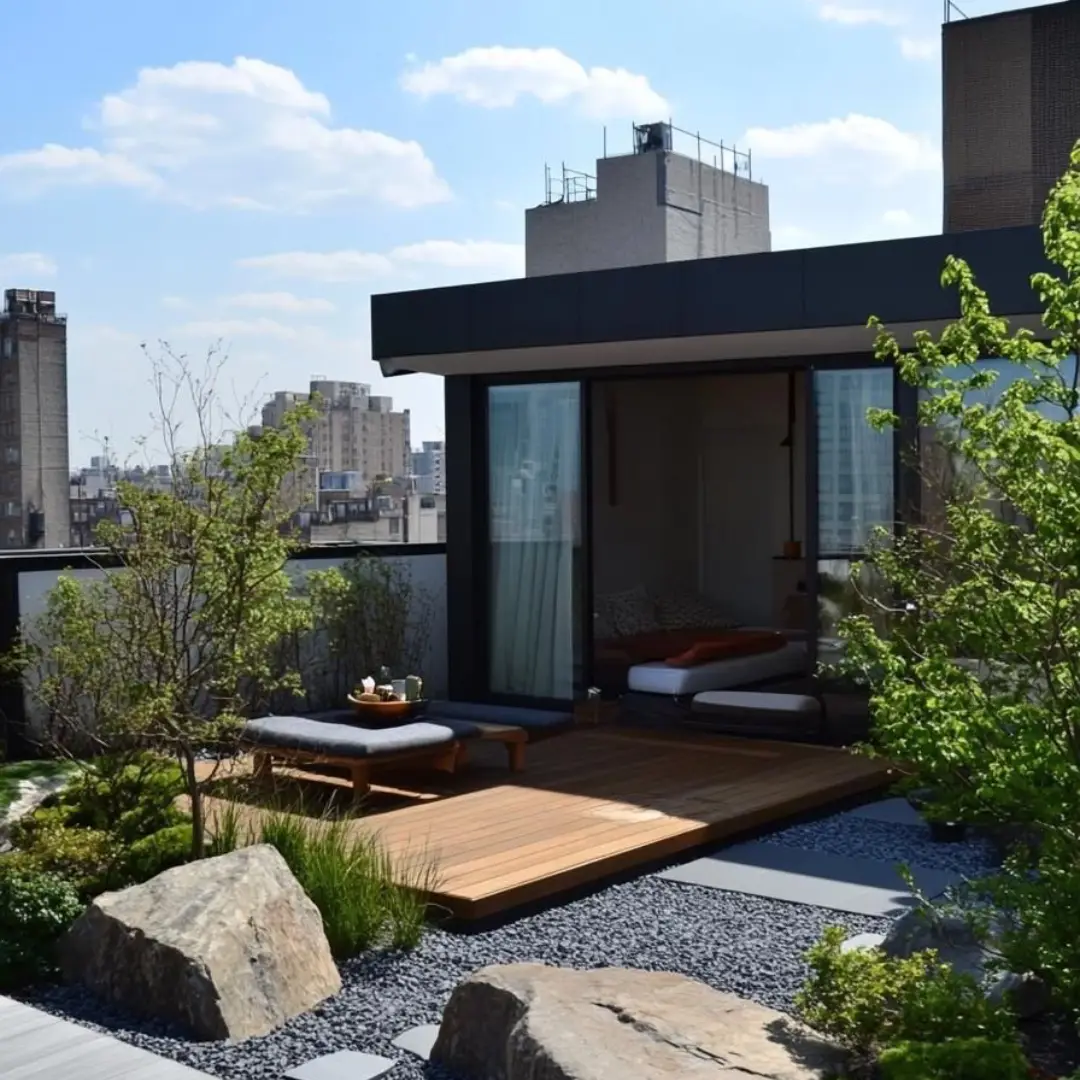 Rooftop Natural dengan Batu Besar dan Tanaman Hias