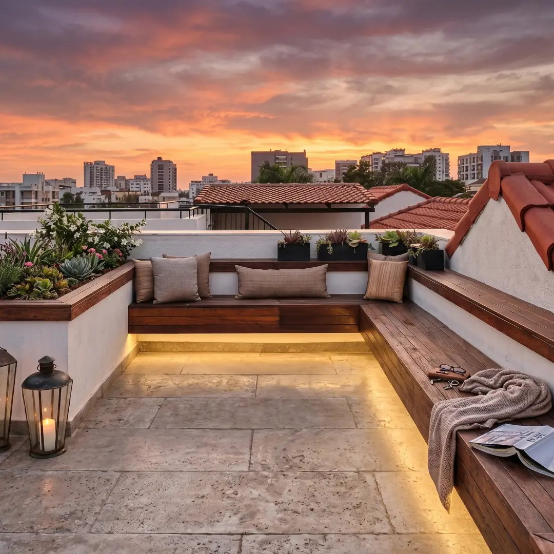 Rooftop Terbuka dengan Kursi Kayu Keliling