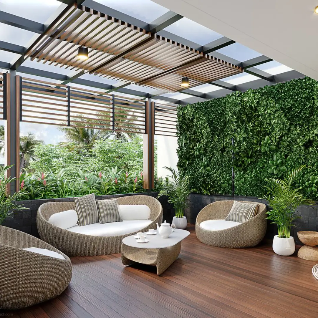 Rooftop dengan Dinding Hidup dan Pergola Kayu
