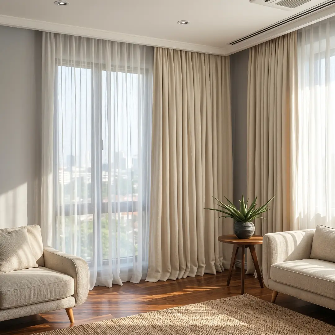 Gorden Warna Cream Vitrase Putih dengan Lantai Motif Kayu