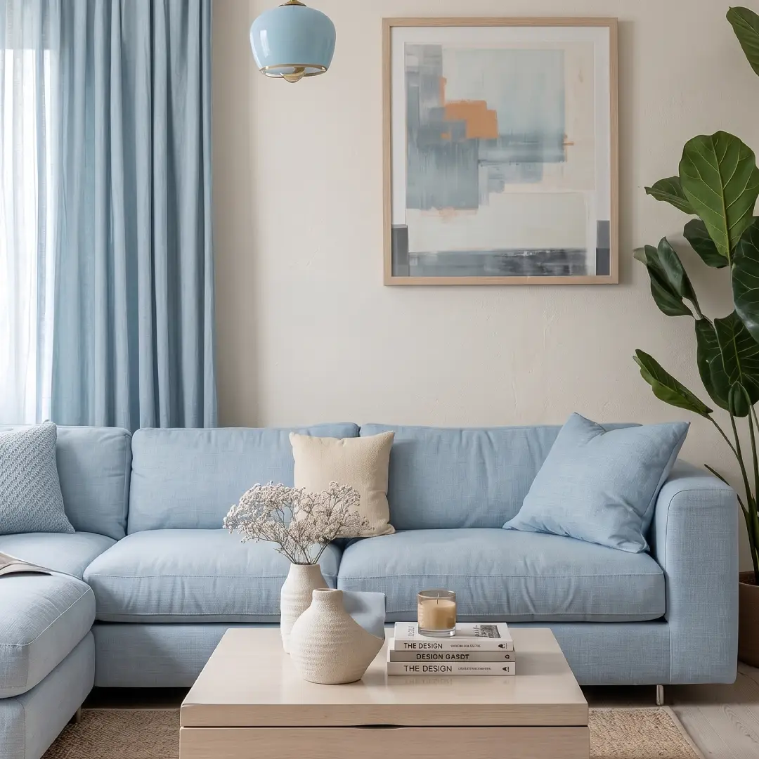 Interior Cream dengan Sofa dan Gorden Biru