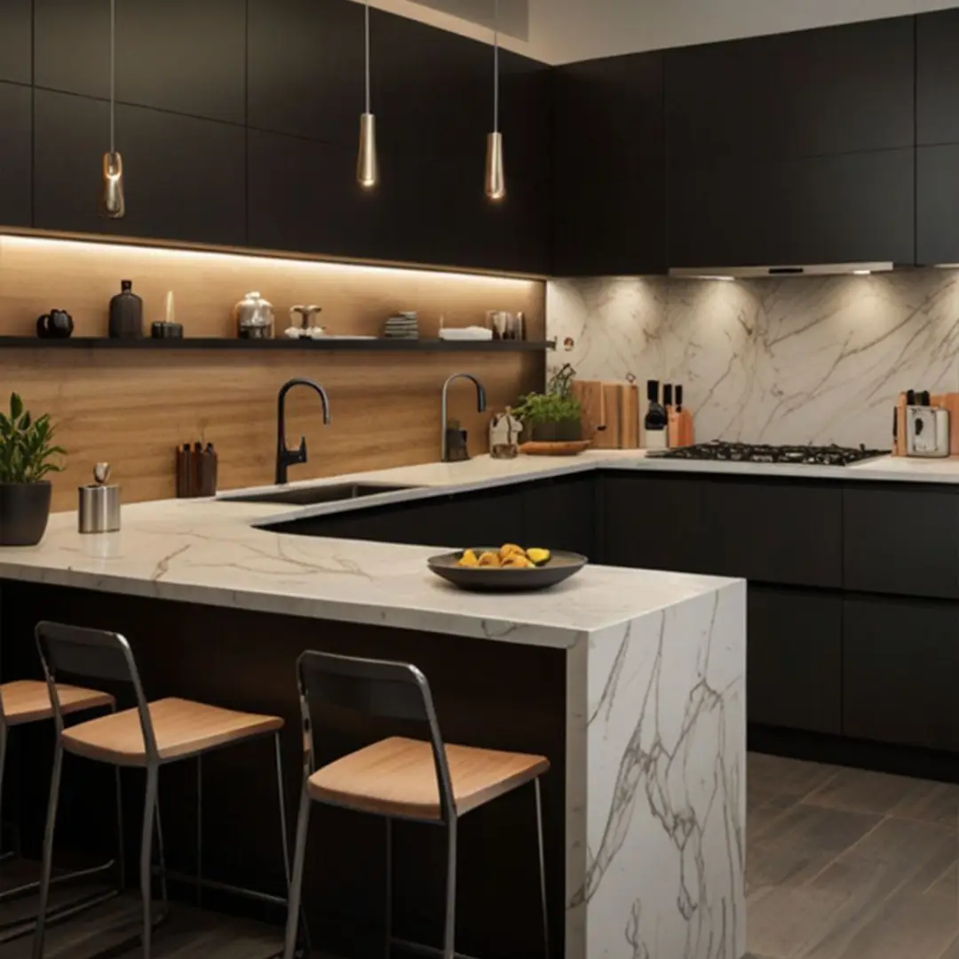 Kitchen Set Hitam dengan Sentuhan Kayu Natural