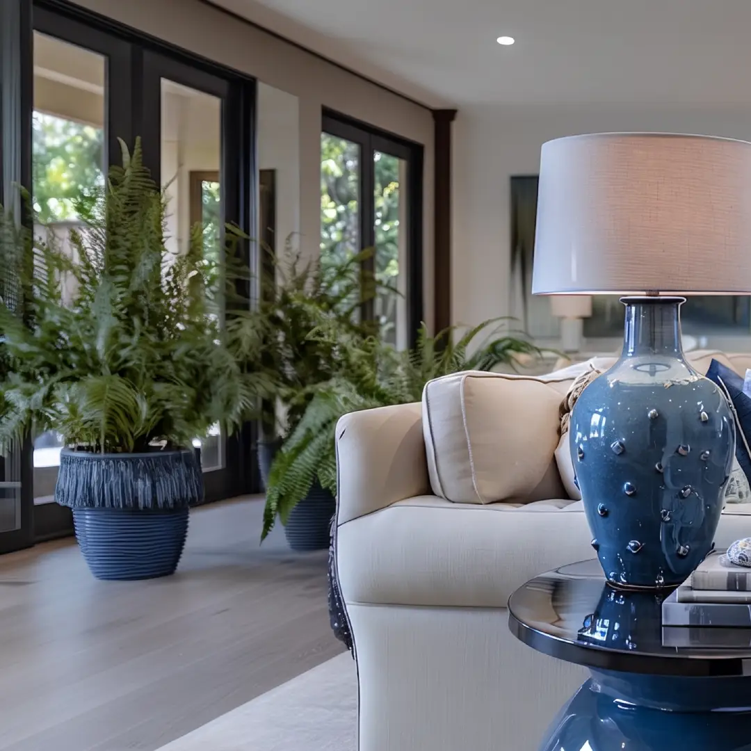 Model Interior Cream dengan Pot dan Vas Biru