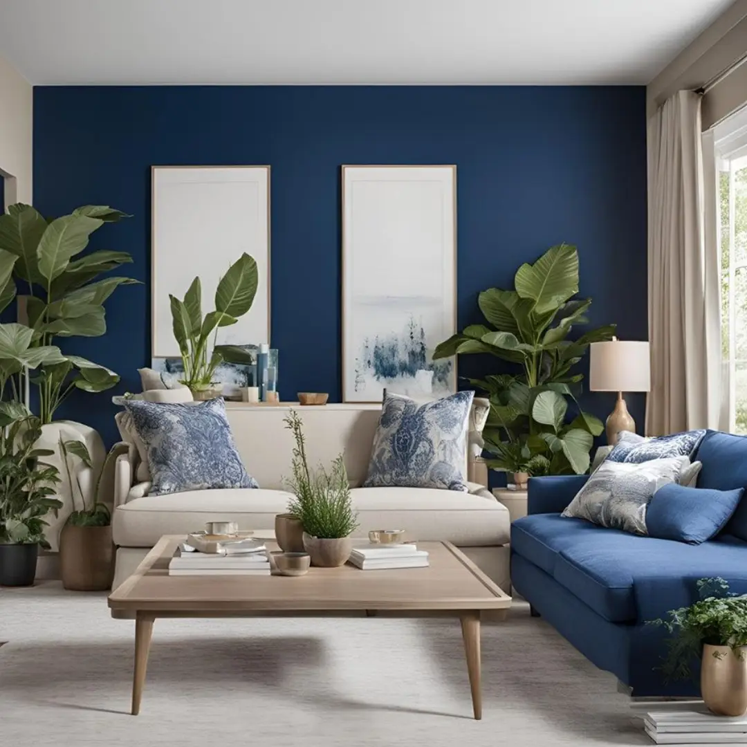Ruang Sejuk dengan Dinding Biru Tua dan Lantai Cream