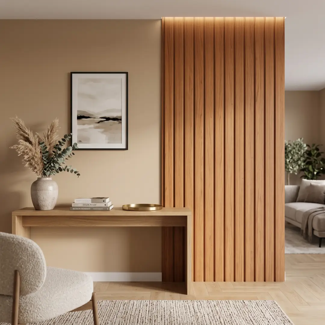 cat dinding warna cream mocca dengan fluted wall panel motif kayu merk mevvah