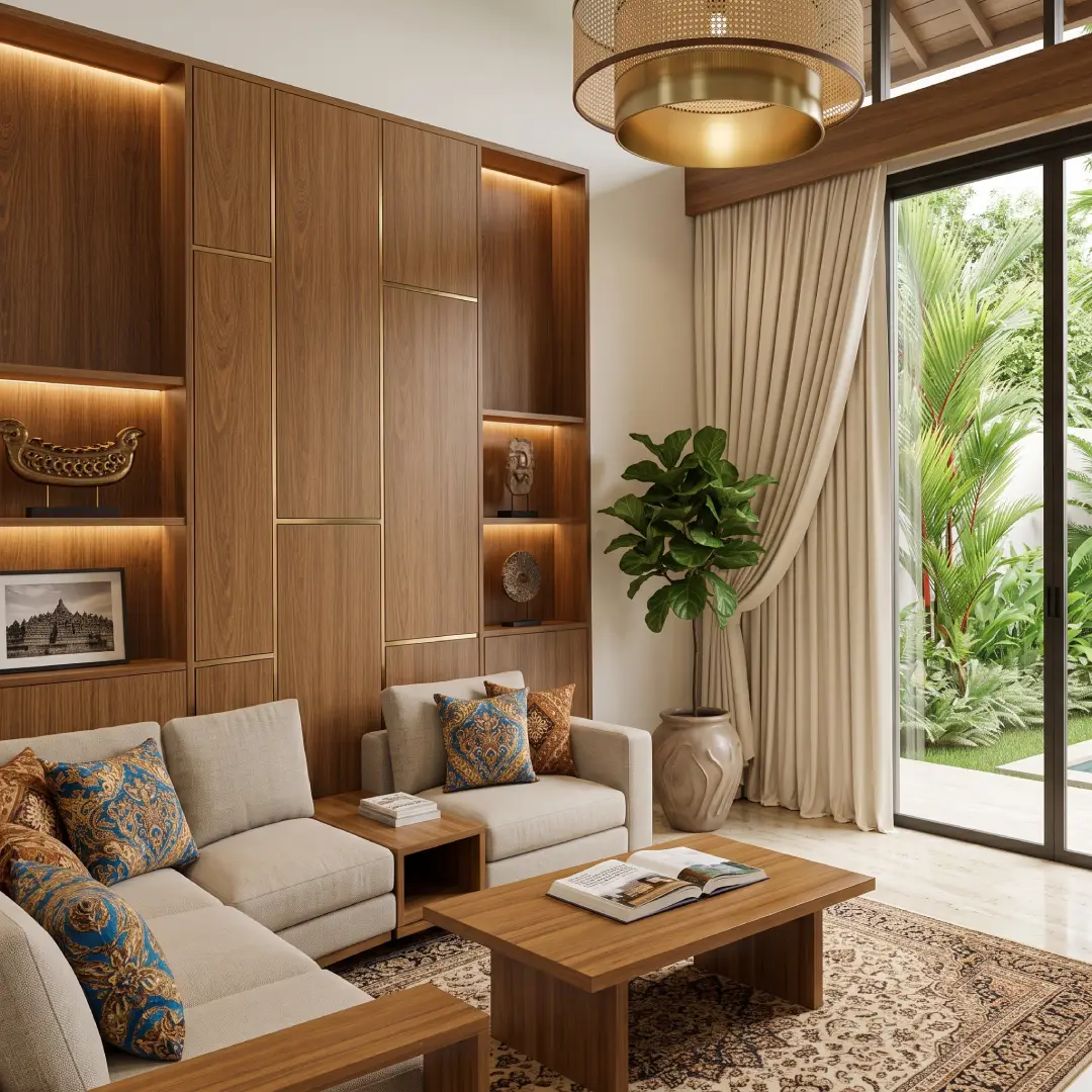 gorden warna cream dengan wallboard motif kayu coklat merk mevvah