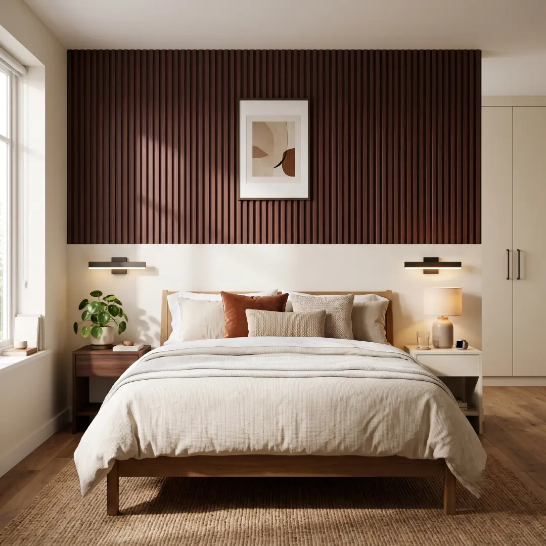 interior kamar dengan cat dinding warna cream polos dan wall panel wpc fluted motif kayu merk mevvah