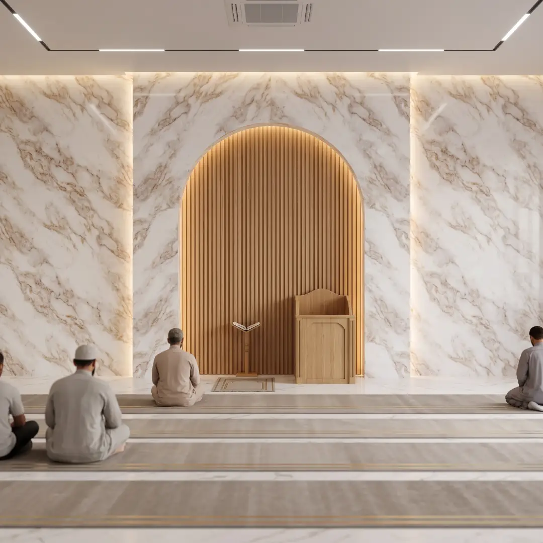 interior masjid dengan wall panel motif marmer dan fluted wall panel motif urat kayu merk mevvah