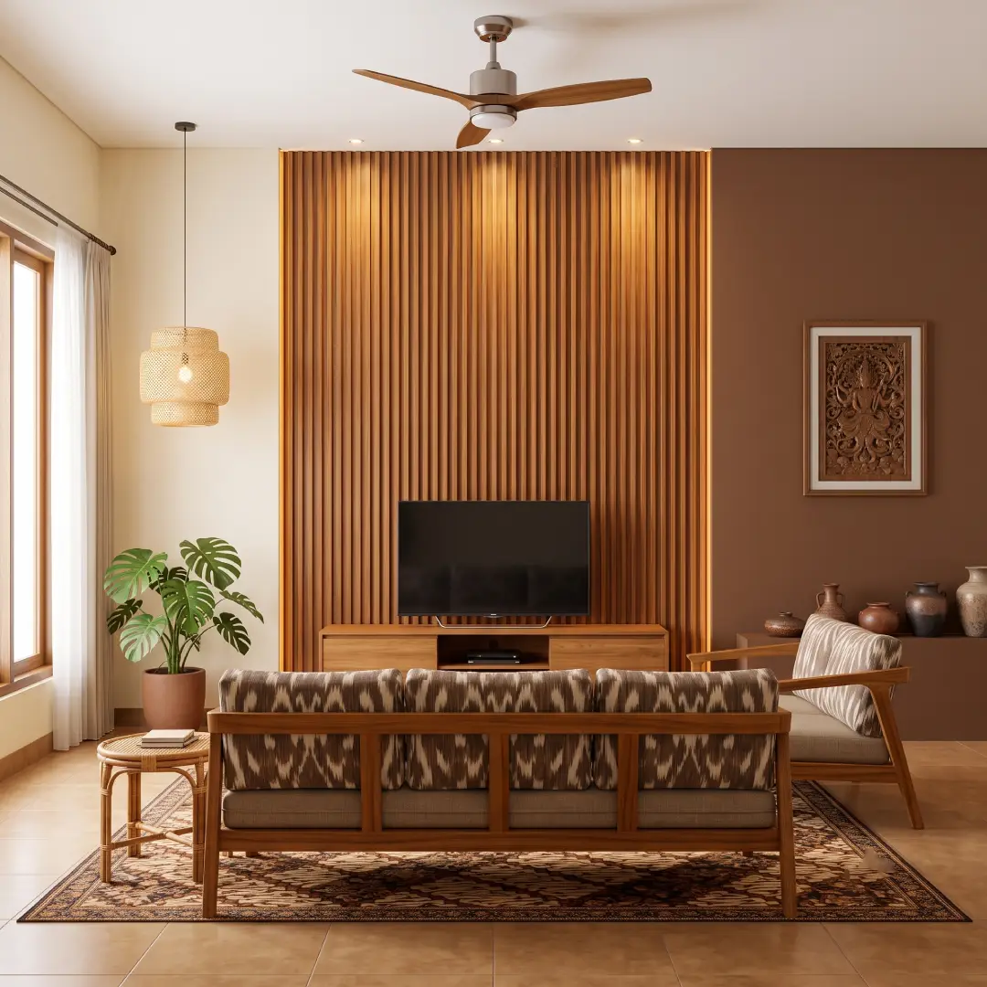 interior ruang keluarga dengan fluted wall panel motif kayu merk mevvah dan kombinasi cat dinding warna cream coksu