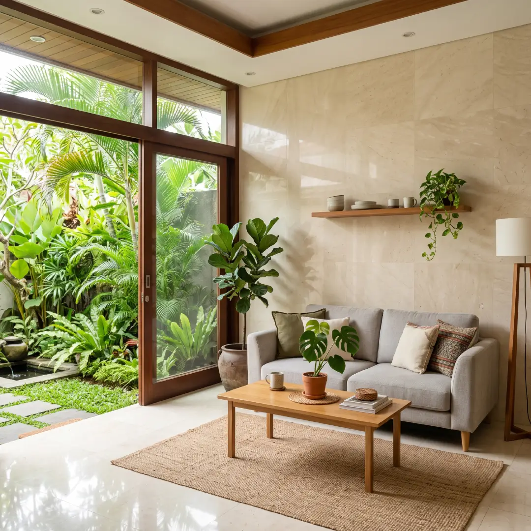 interior rumah dengan granit warna cream polos