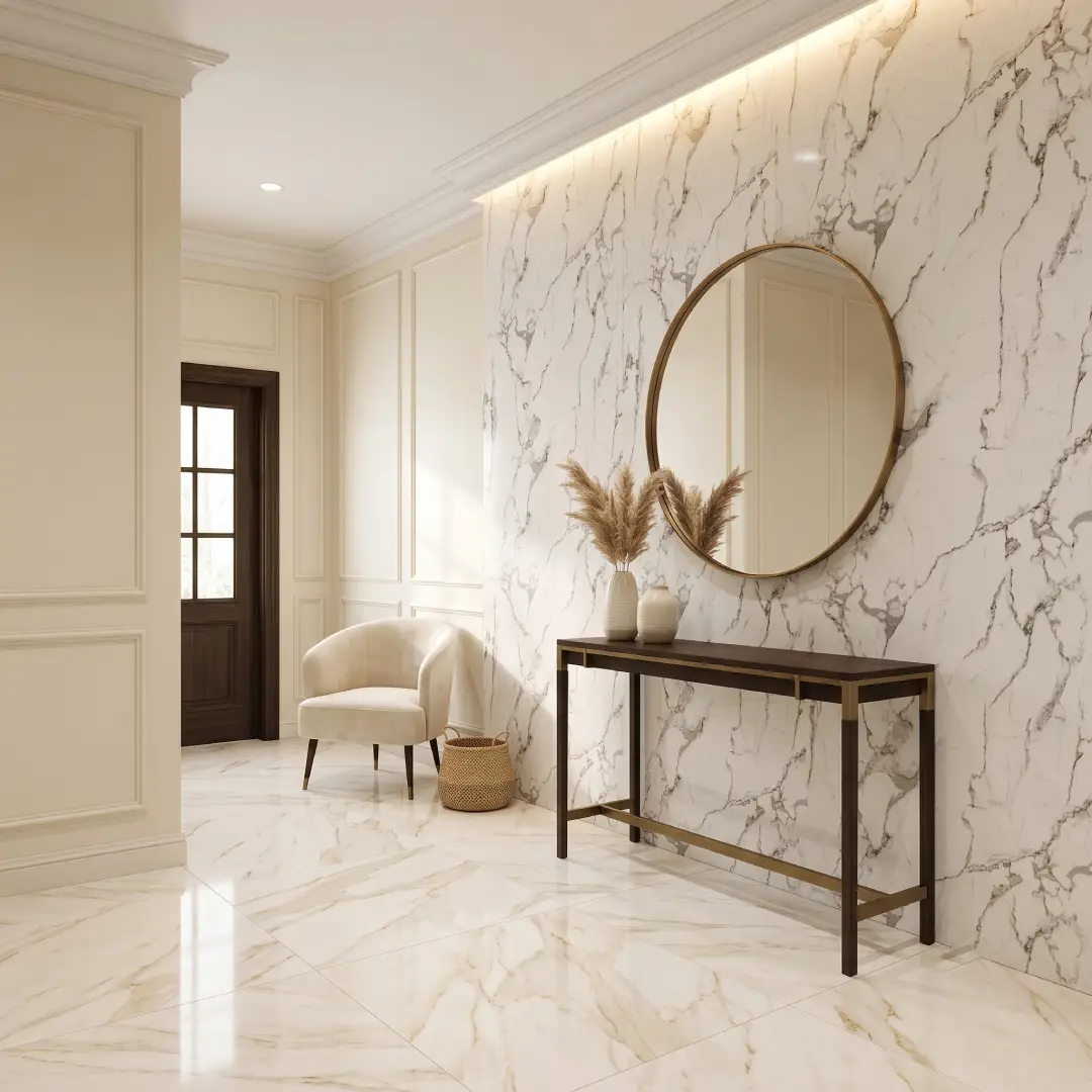 interior rumah dengan wall panel motif marmer merk mevvah dan keramik warna cream