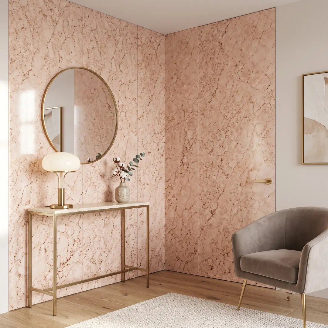 interior rumah dengan wall panel motif marmer warna pink cream merk mevvah