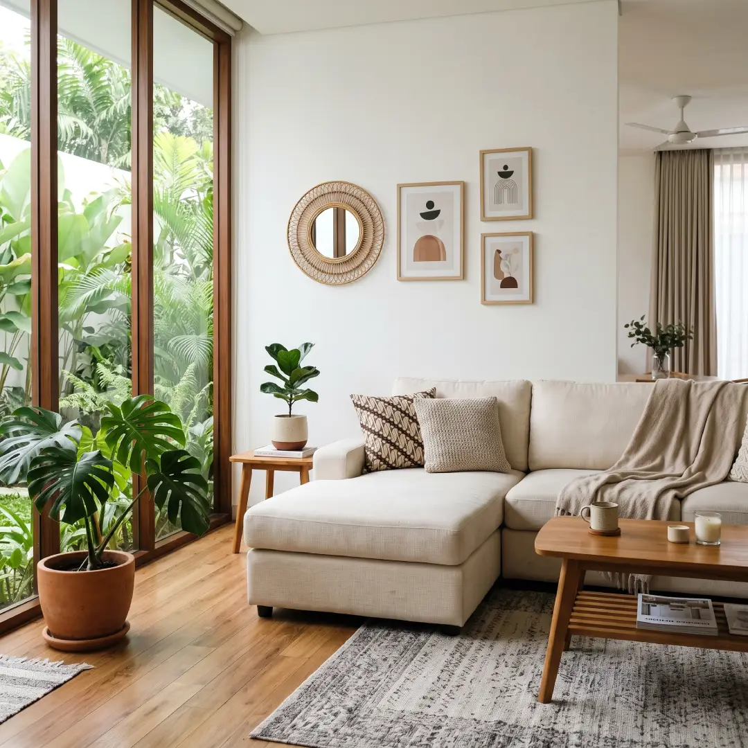 sofa warna cream dengan cat dinding putih