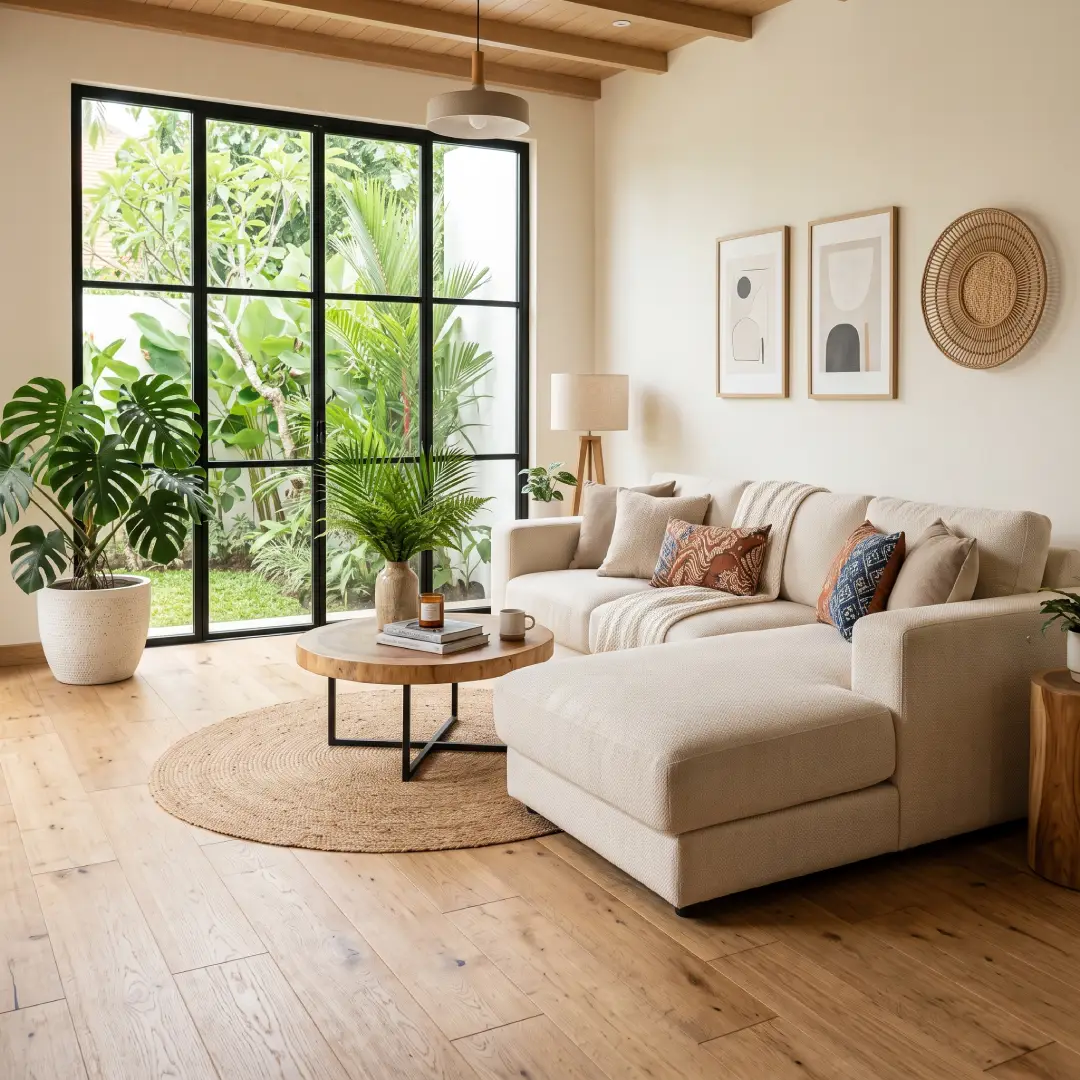 sofa warna cream dengan lantai motif kayu terang