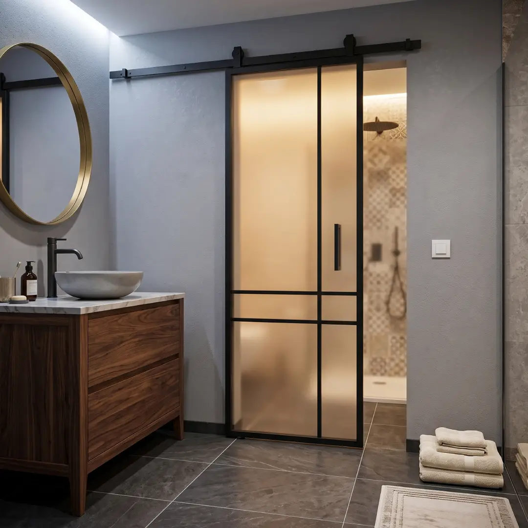 Pintu Berbingkai Hitam dengan Kaca Frosted