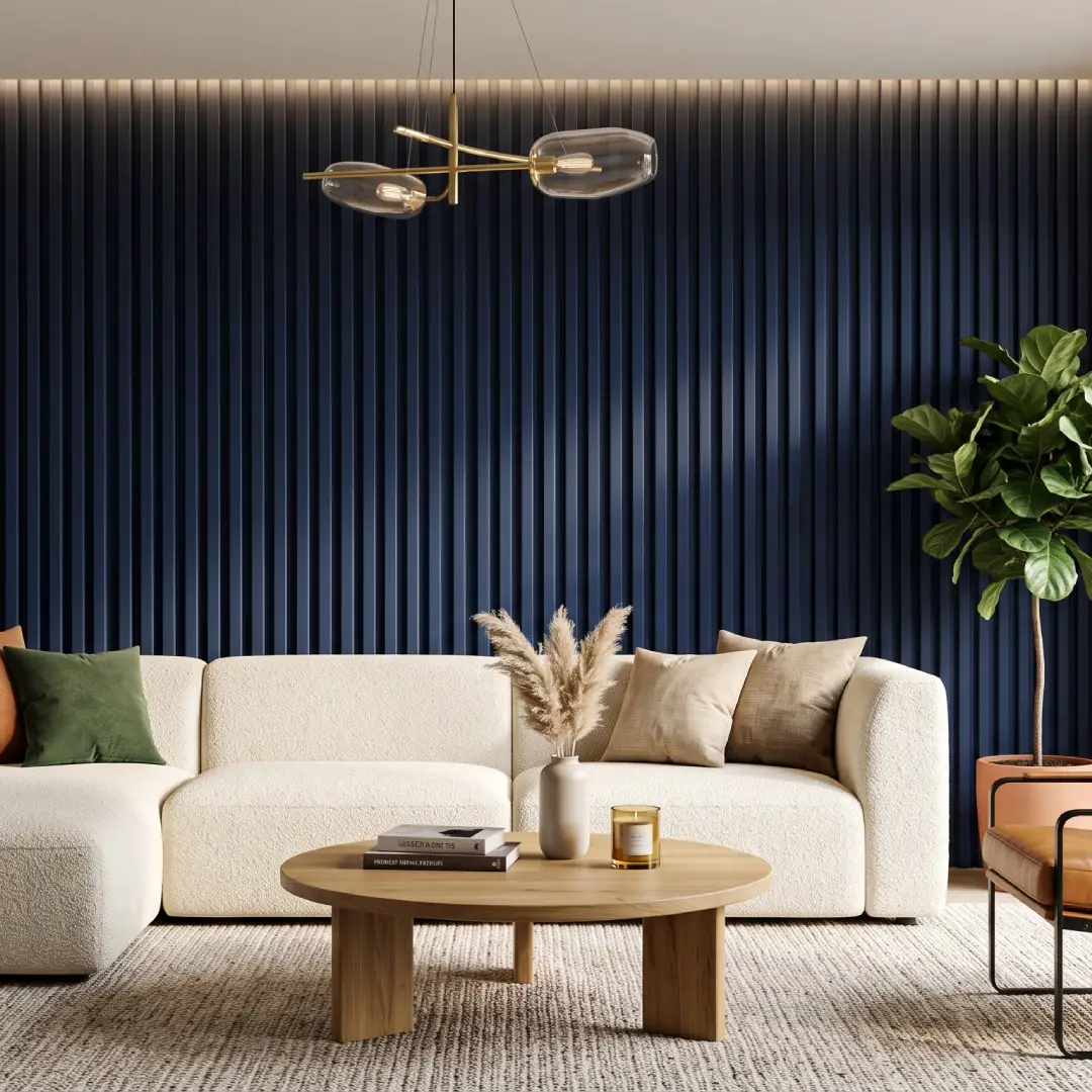 interior rumah dengan wall panel fluted wpc eco mevvah warna biru