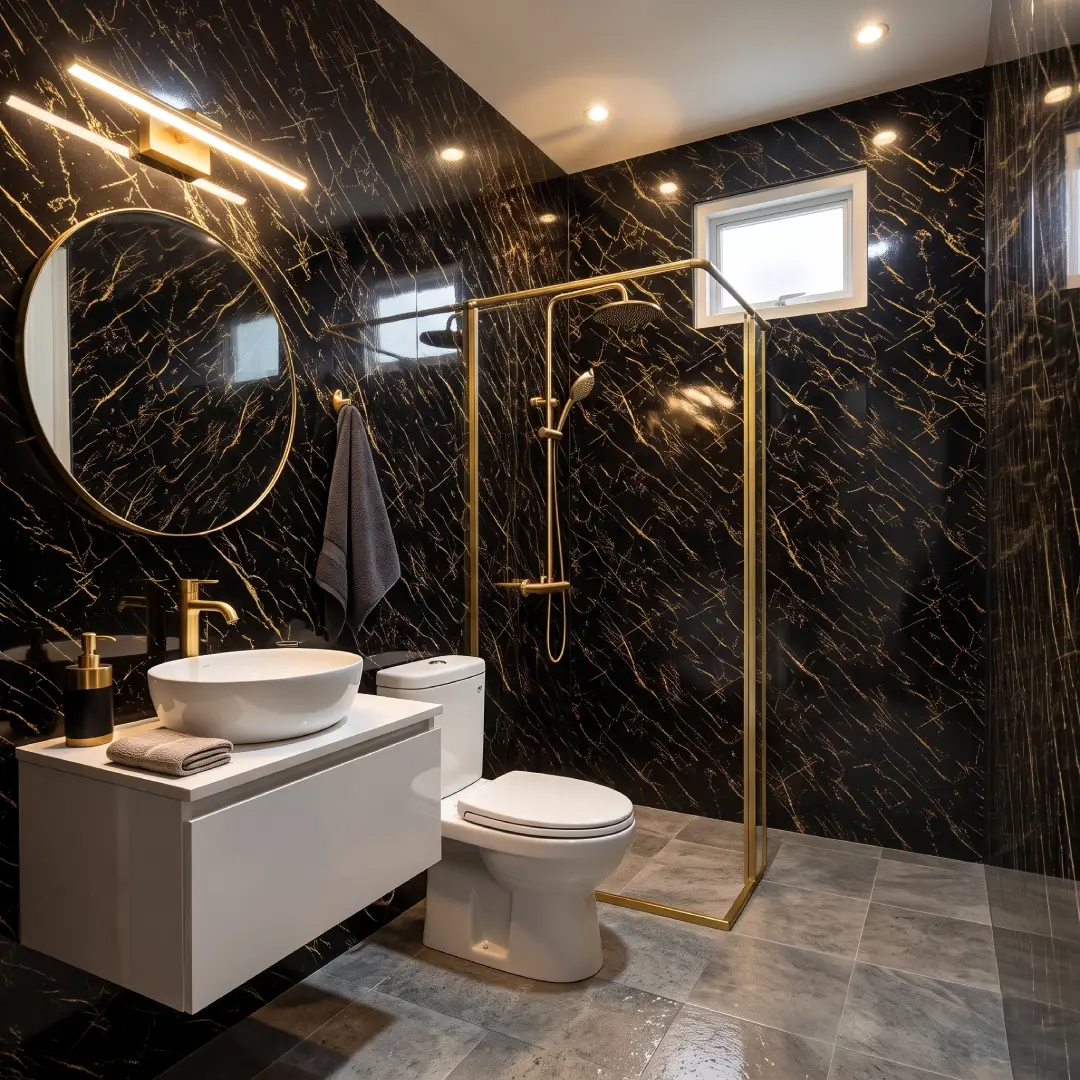 kamar mandi mewah dengan wall panel motif marmer hitam merk mevvah