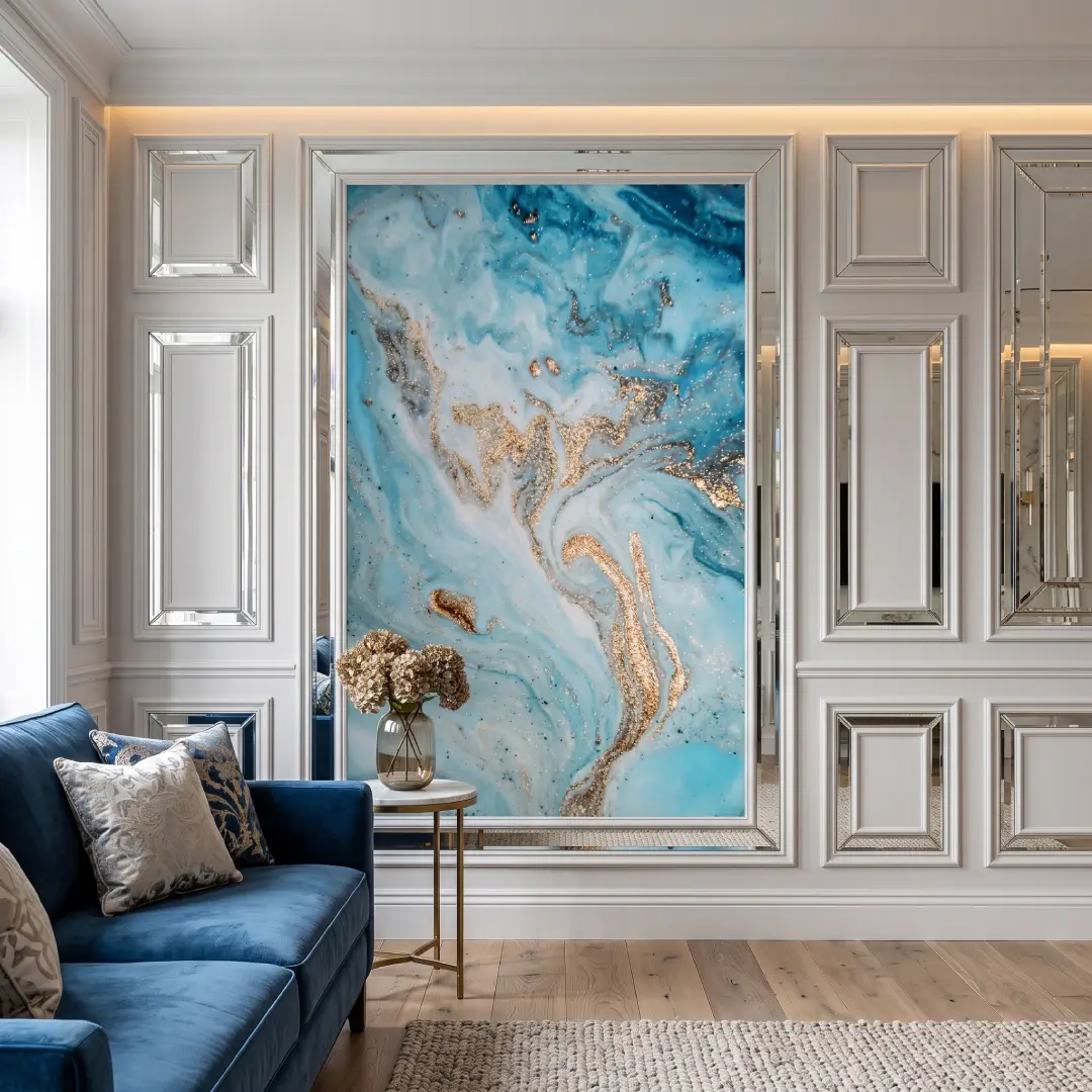 wall moulding kaca bevel dengan wall panel marmer merk mevvah