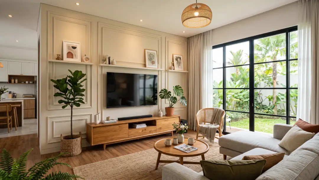 Read more about the article Estetik! Ini Model Wall Moulding Ruang TV dengan Konsep Natural