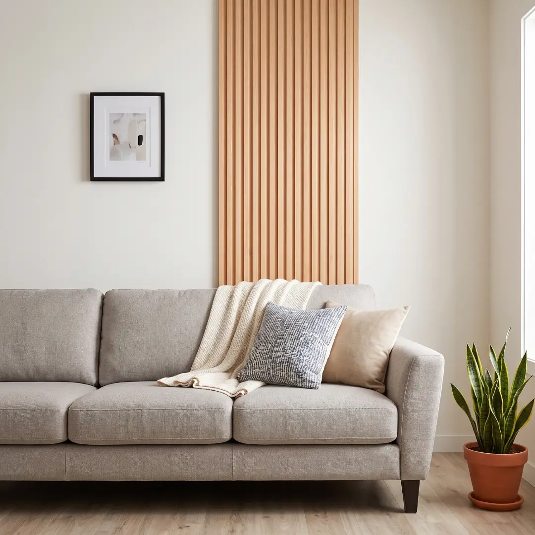 Aksen Fluted Wall Panel di Belakang Sofa