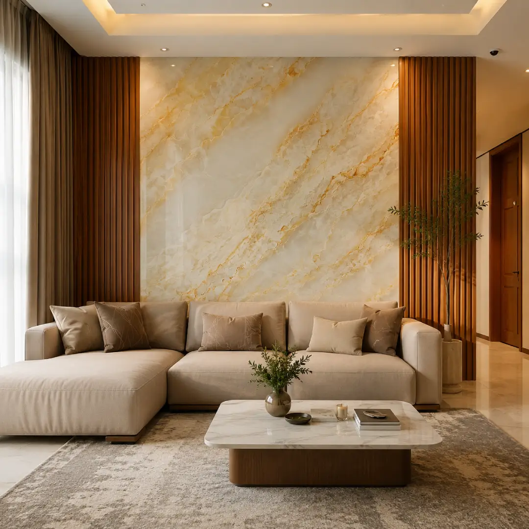 dinding interior dengan wall panel marmer dan fluted wpc merk mevvah